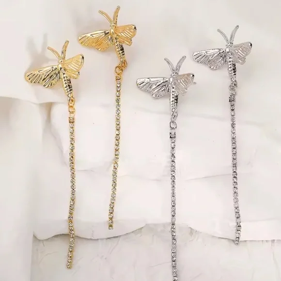 Zara Vintage Metal Dragonfly Rhinestone Tassel Dangling Earrings - Picture 6 of 6